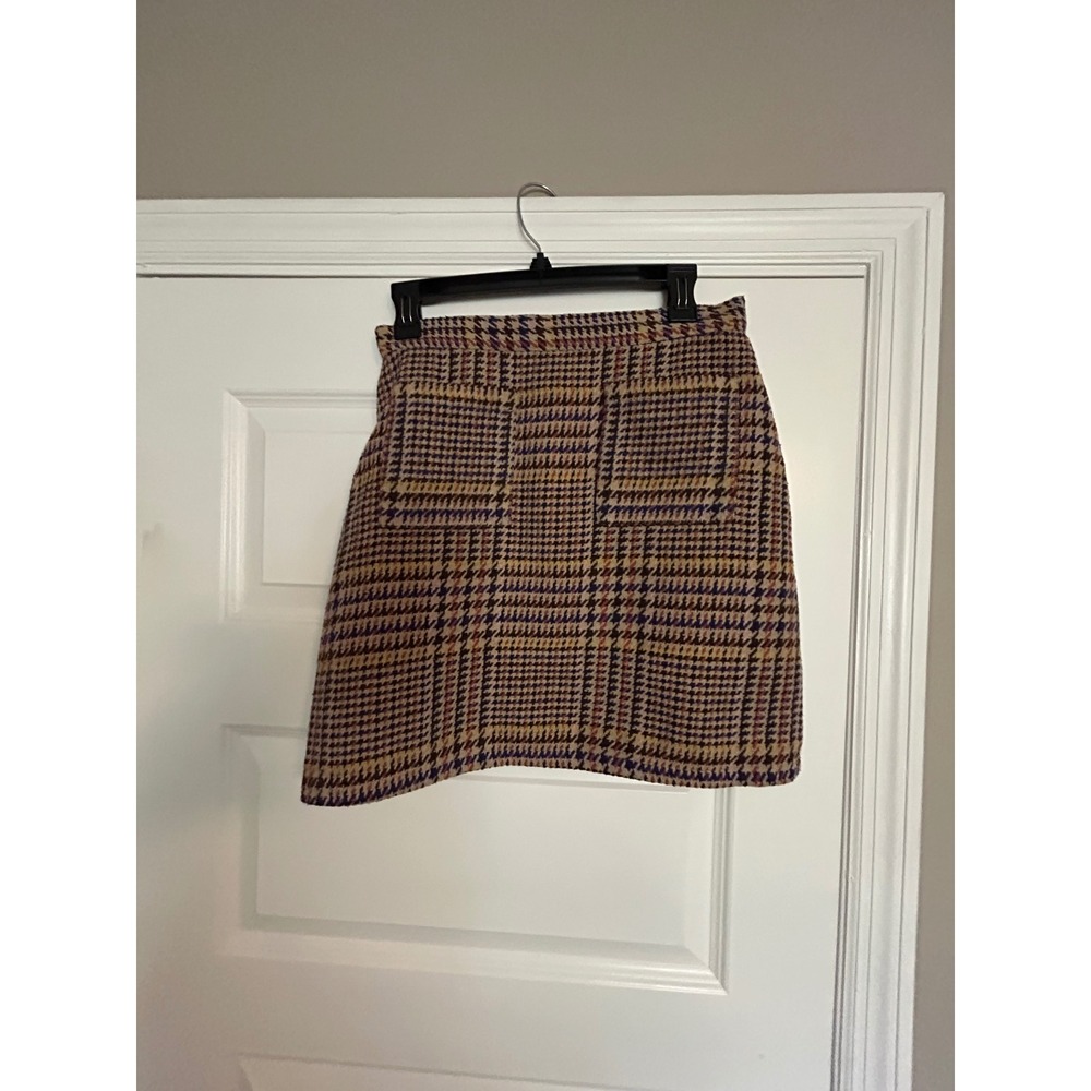 ModCloth Womens Houndstooth Plaid Mini Skirt Tan Purple Wool Blend Size M
